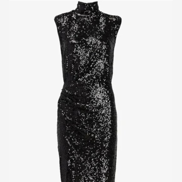 Express Sequin Midi Dress  Sleek Fit, Black, Sequins,‎ Mock Neck, Asymmetrical - Picture 1 of 9